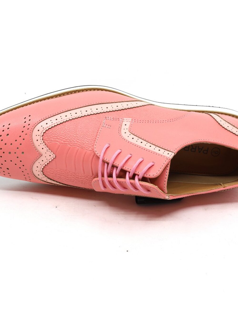 Pink Men's Dress Shoes, Wing tip Brogue Lace-Up Oxford, White Rubber Sole - Picture 4 of 5